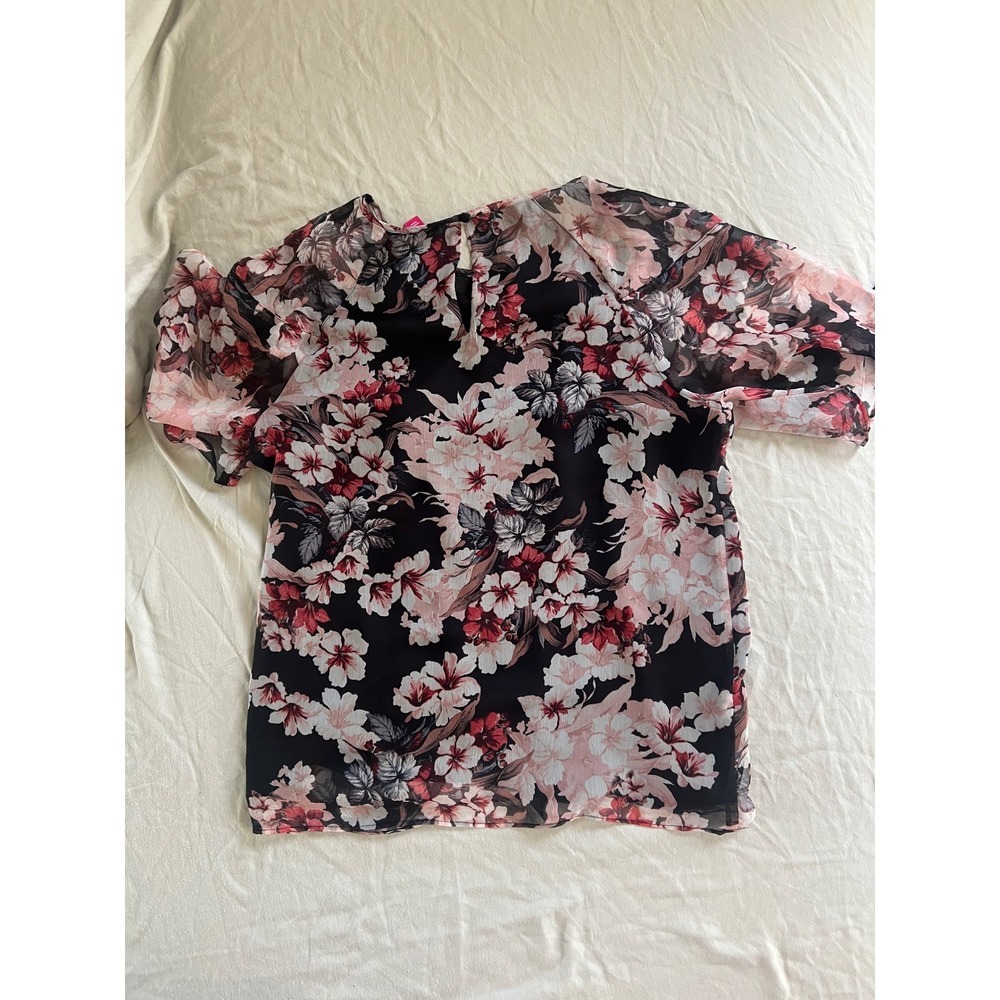Vince Camuto Floral Chiffon Blouse M Black Pink Sheer Bell Sleeve Layered Top - Picture 5 of 8